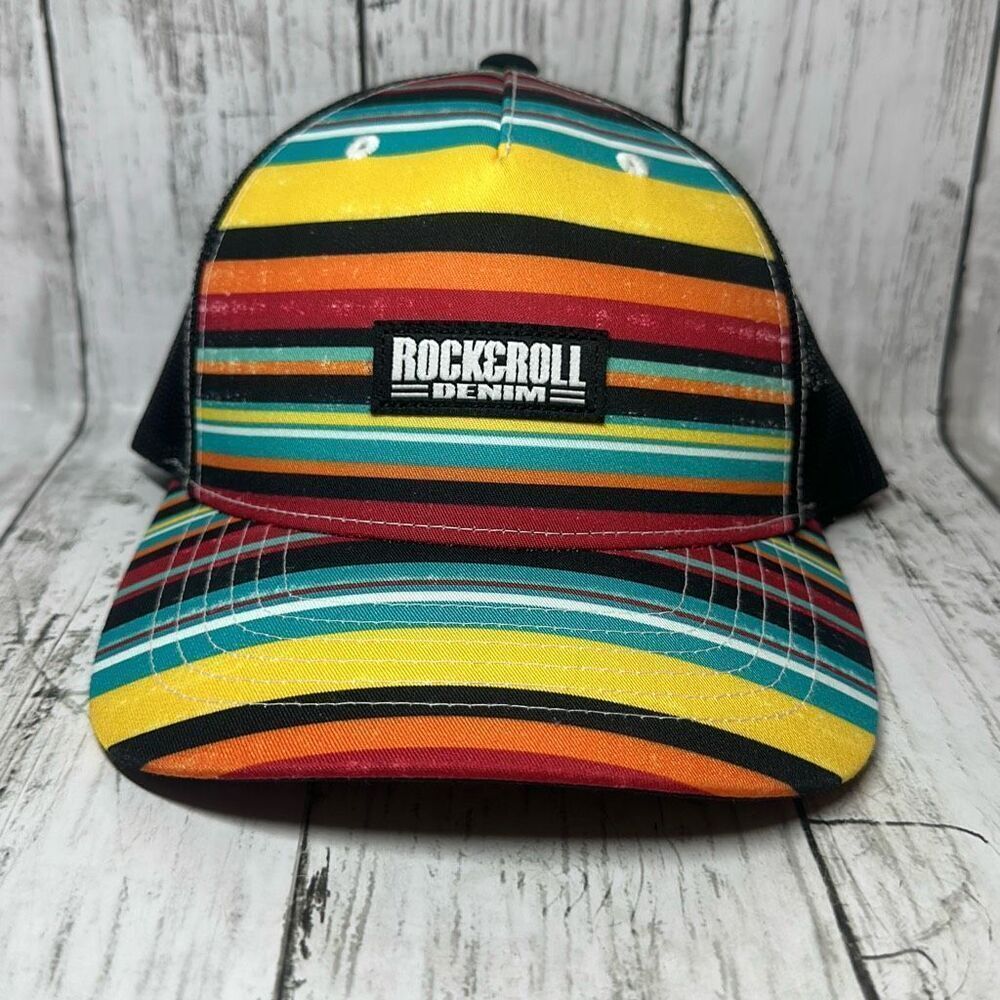 Rock and roll Denim Multicolor Colorblock Striped Trucker mesh Hat Adjustable
